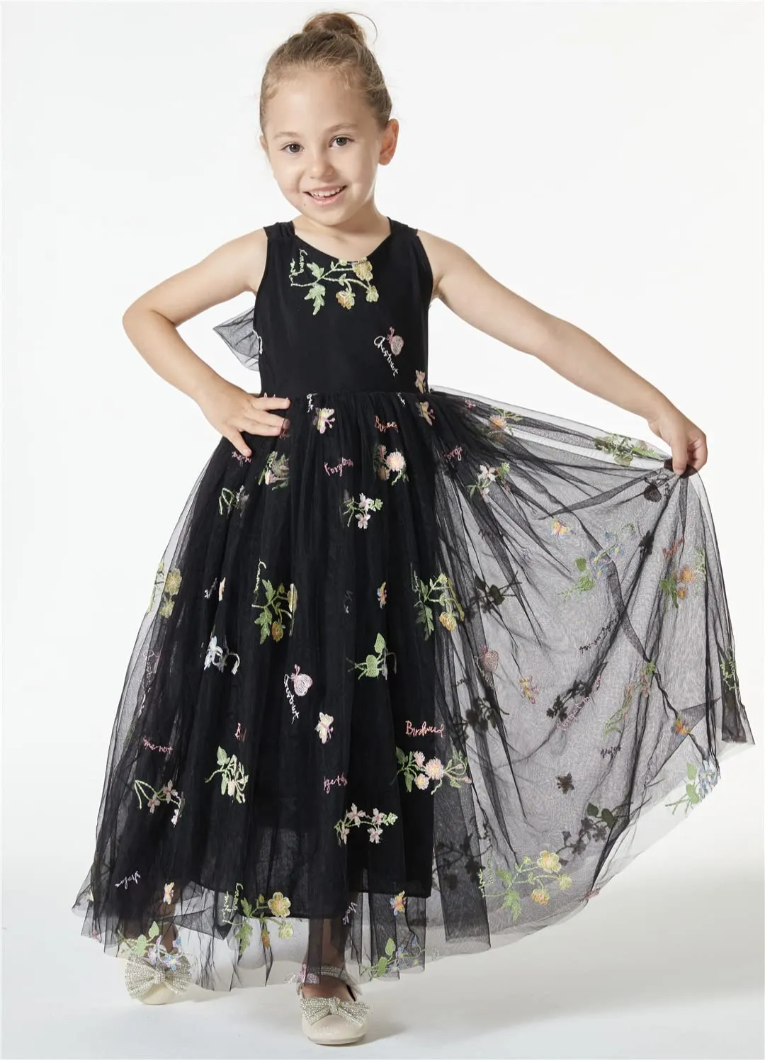 Floral Embroidered Tulle Strap Girl Dress in Black