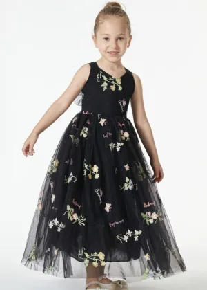Floral Embroidered Tulle Strap Girl Dress in Black