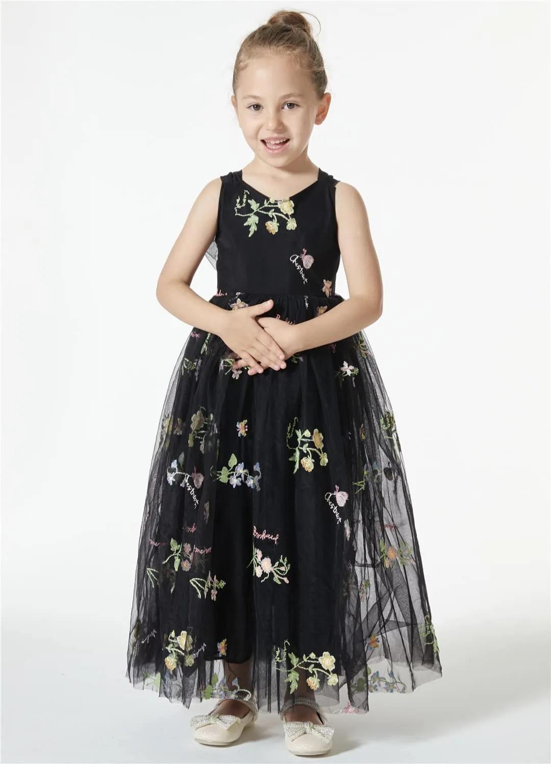Floral Embroidered Tulle Strap Girl Dress in Black