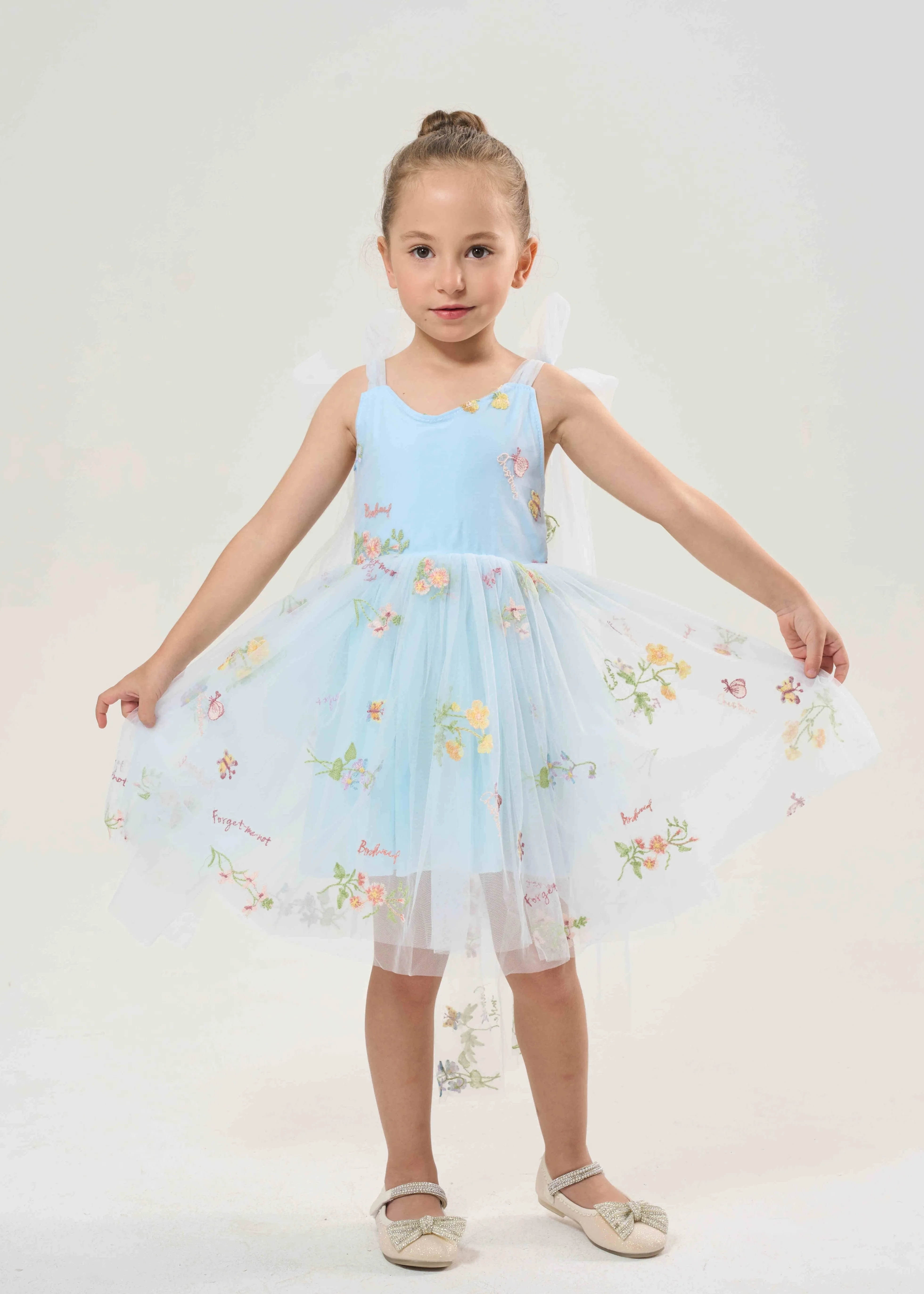 Floral Embroidered Tulle Strap Girl Dress in Blue Knee