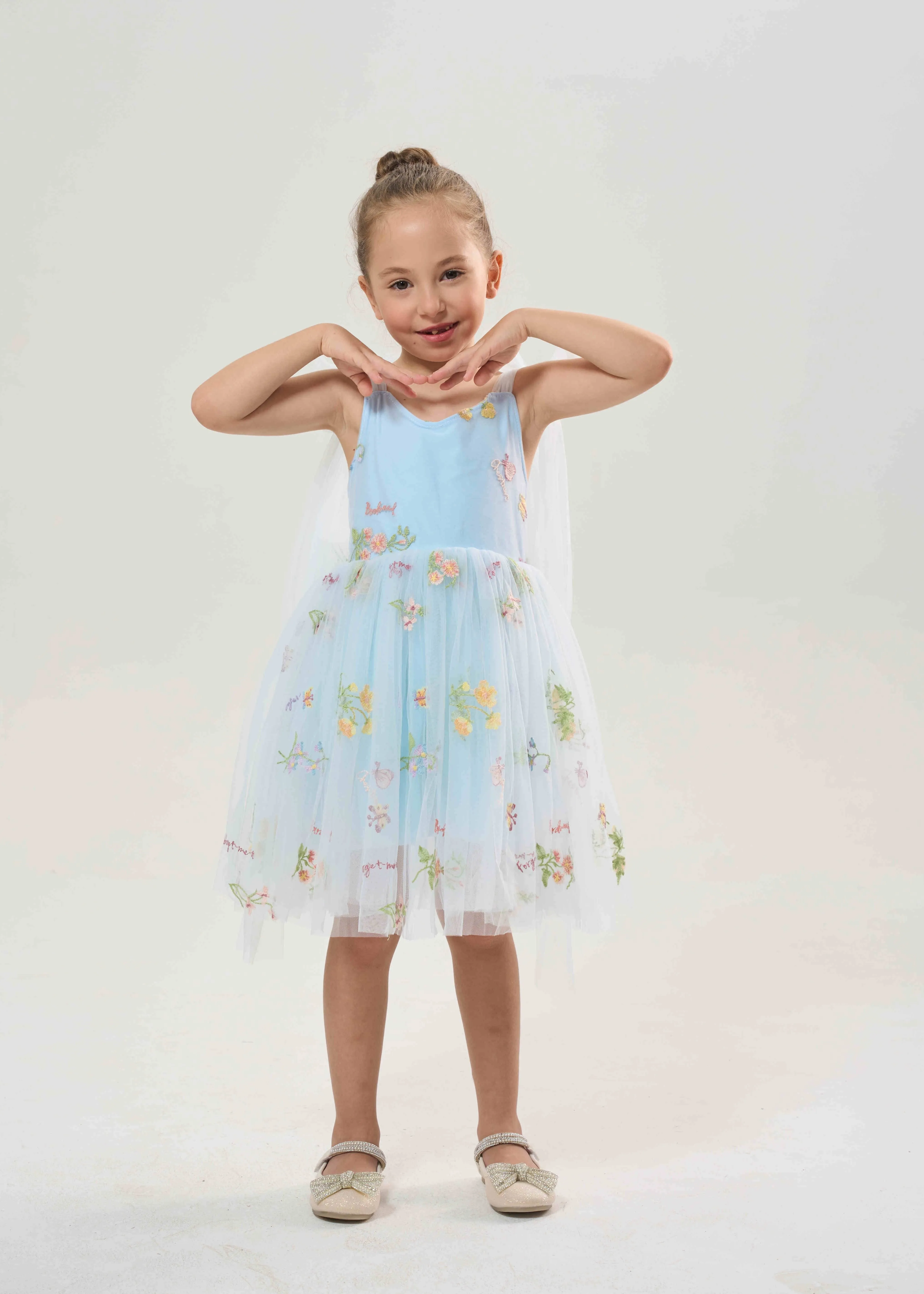 Floral Embroidered Tulle Strap Girl Dress in Blue Knee