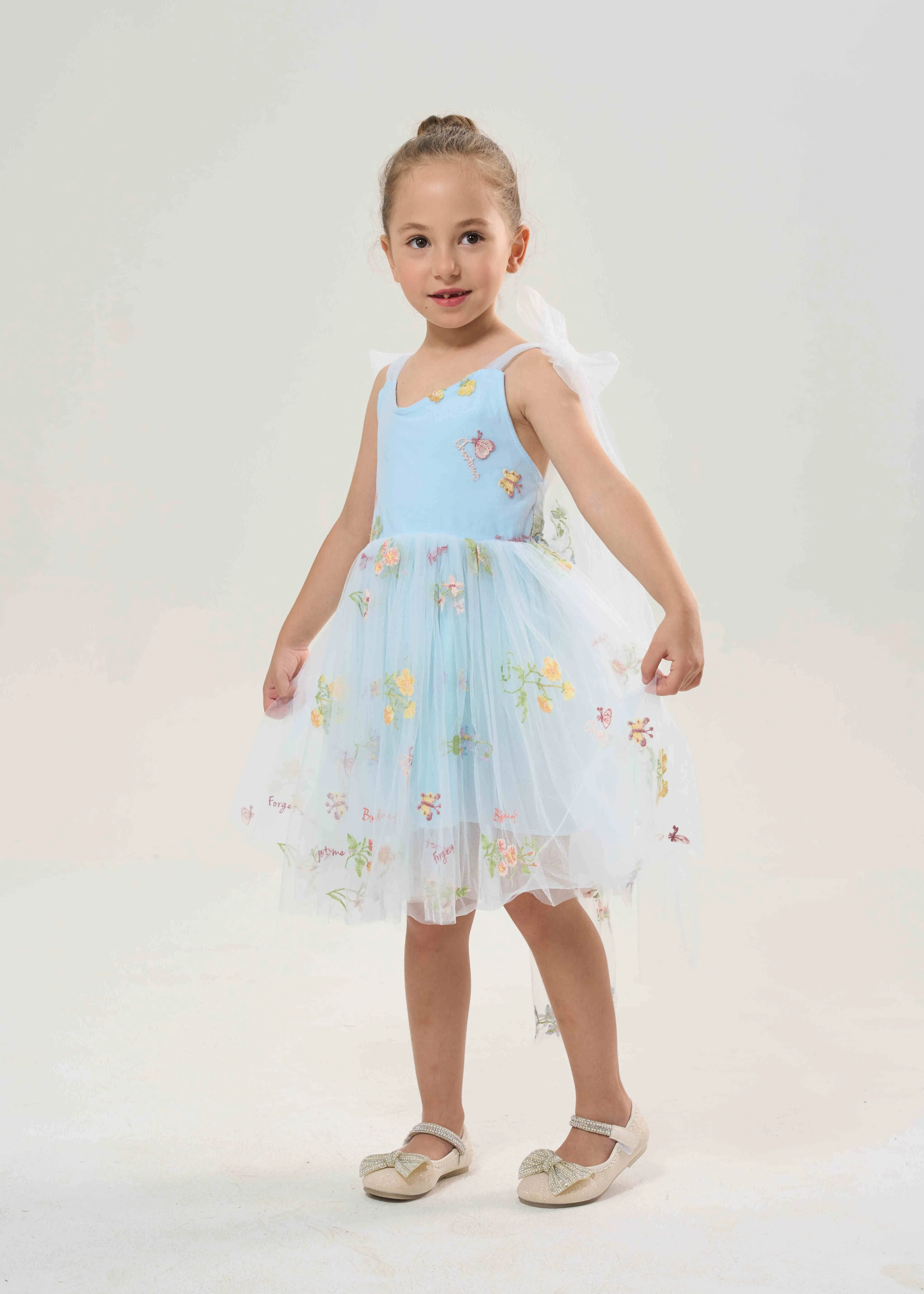 Floral Embroidered Tulle Strap Girl Dress in Blue Knee