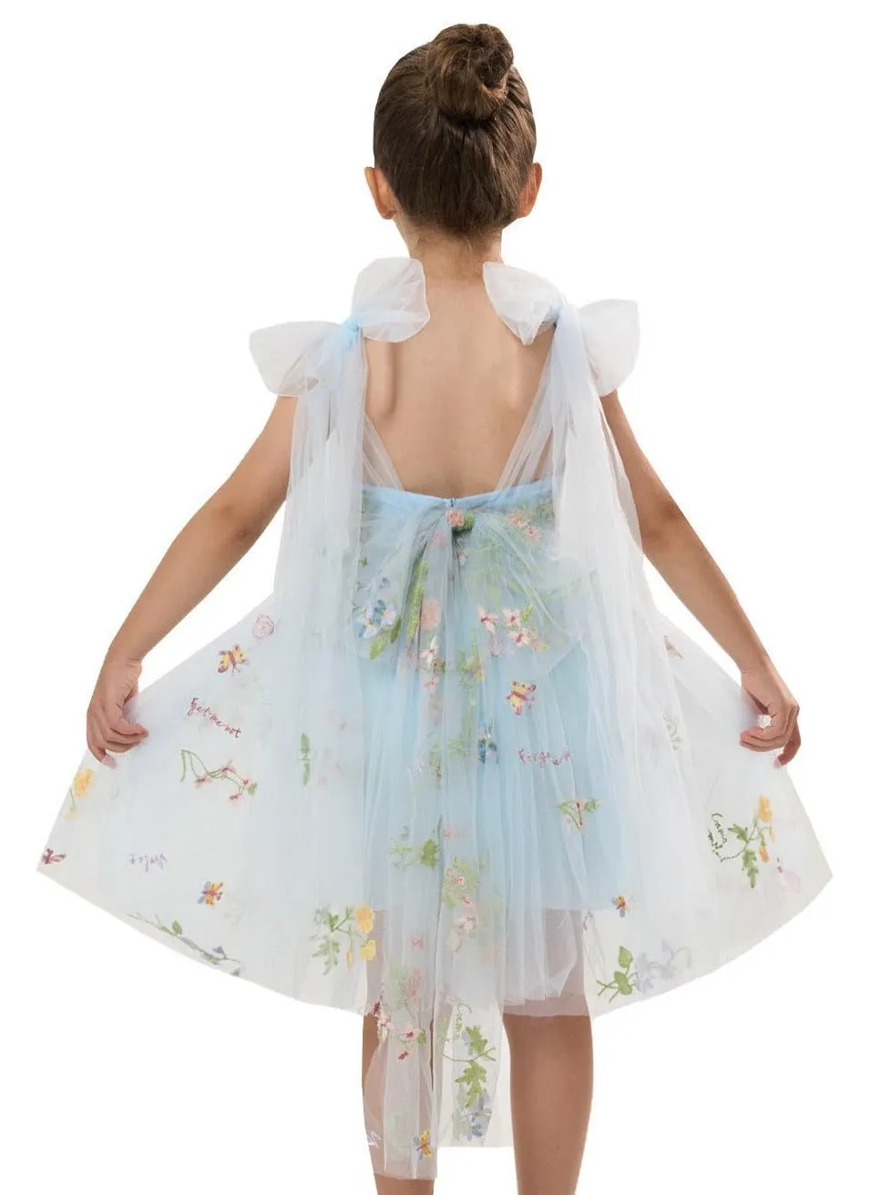 Floral Embroidered Tulle Strap Girl Dress in Blue Knee
