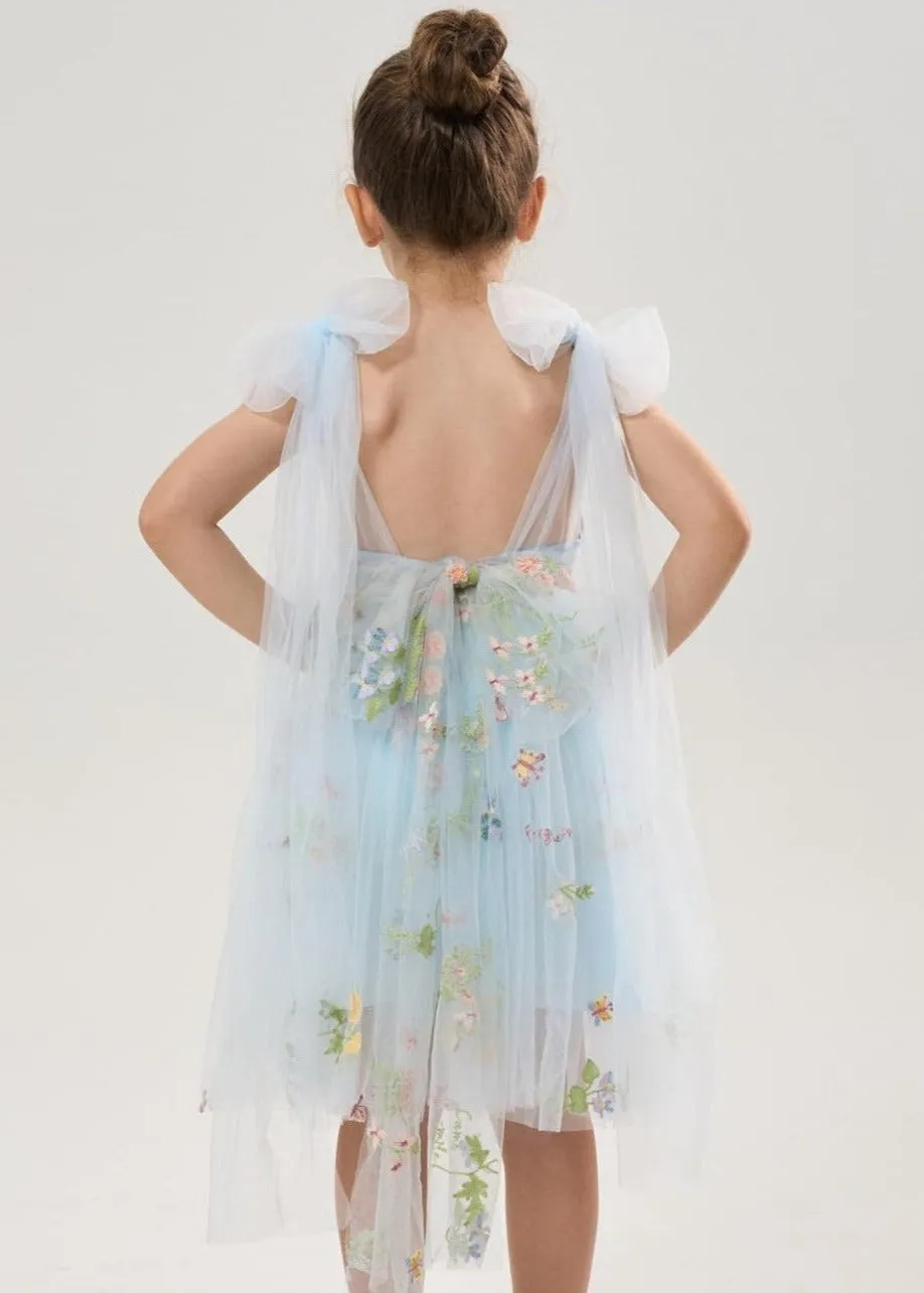 Floral Embroidered Tulle Strap Girl Dress in Blue Knee