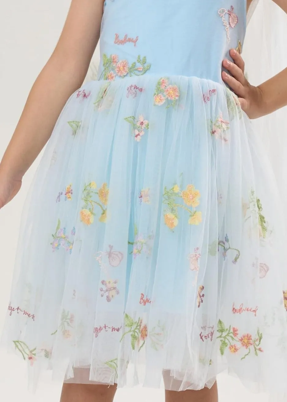 Floral Embroidered Tulle Strap Girl Dress in Blue Knee