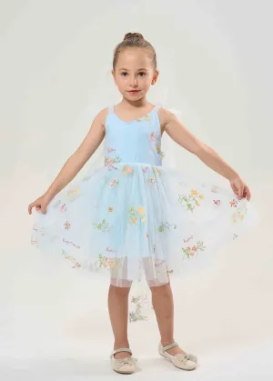 Floral Embroidered Tulle Strap Girl Dress in Blue Knee