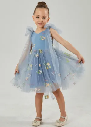 Floral Embroidered Tulle Strap Girl Dress in Dusty Blue Knee
