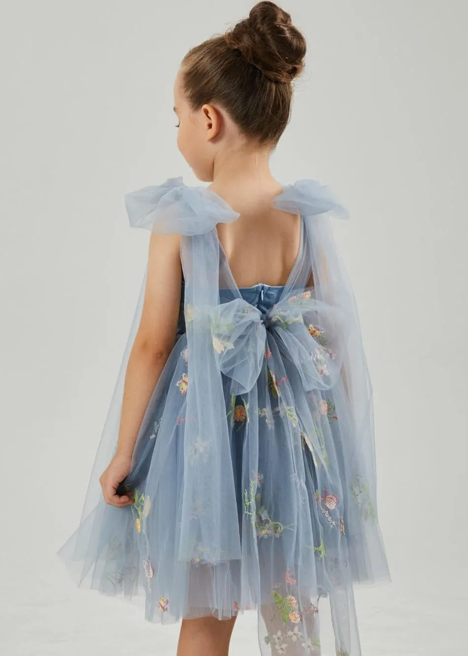 Floral Embroidered Tulle Strap Girl Dress in Dusty Blue Knee