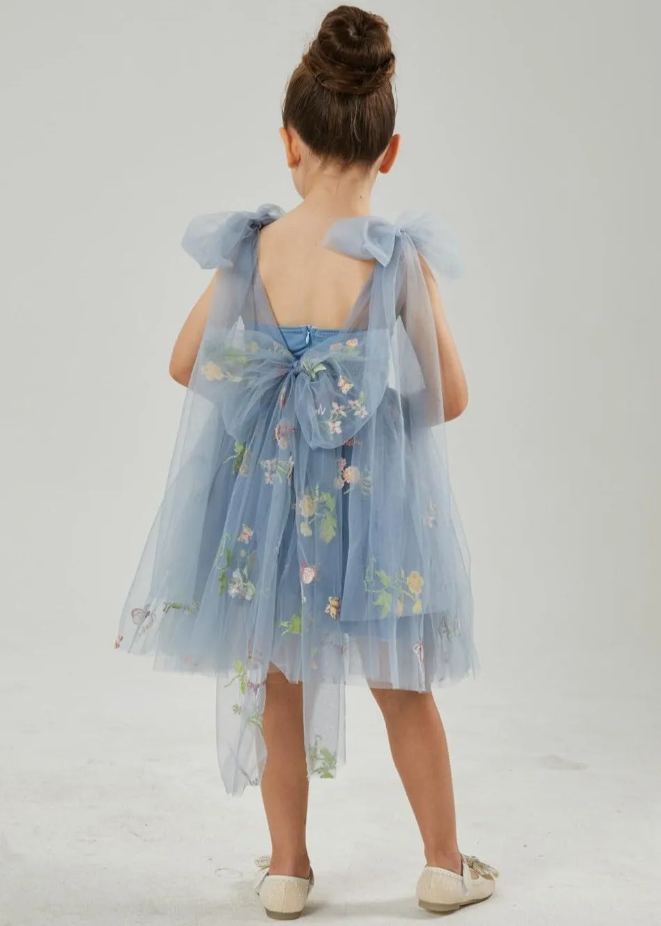 Floral Embroidered Tulle Strap Girl Dress in Dusty Blue Knee