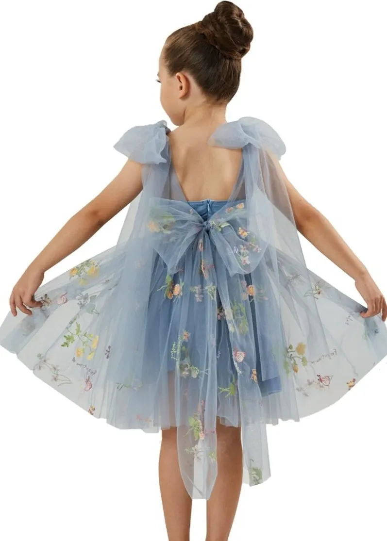 Floral Embroidered Tulle Strap Girl Dress in Dusty Blue Knee