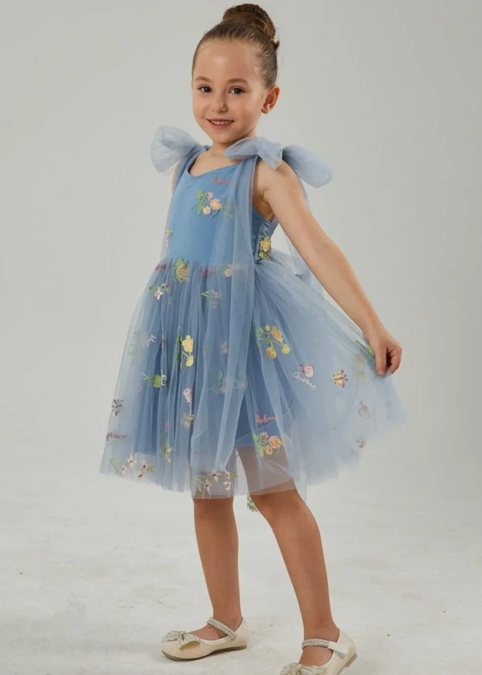 Floral Embroidered Tulle Strap Girl Dress in Dusty Blue Knee