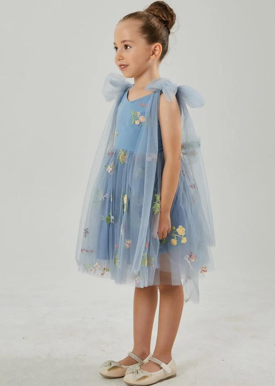 Floral Embroidered Tulle Strap Girl Dress in Dusty Blue Knee