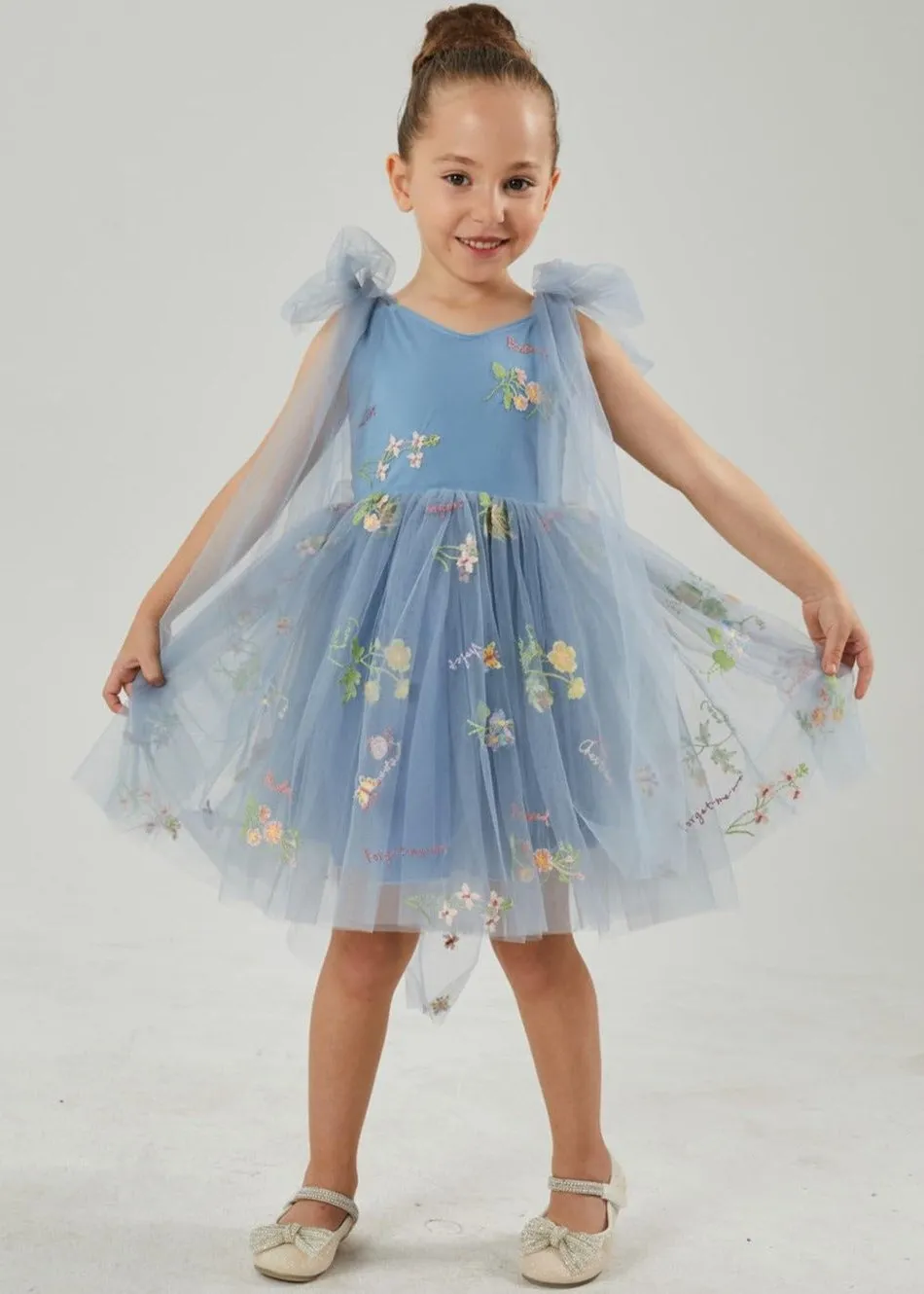 Floral Embroidered Tulle Strap Girl Dress in Dusty Blue Knee