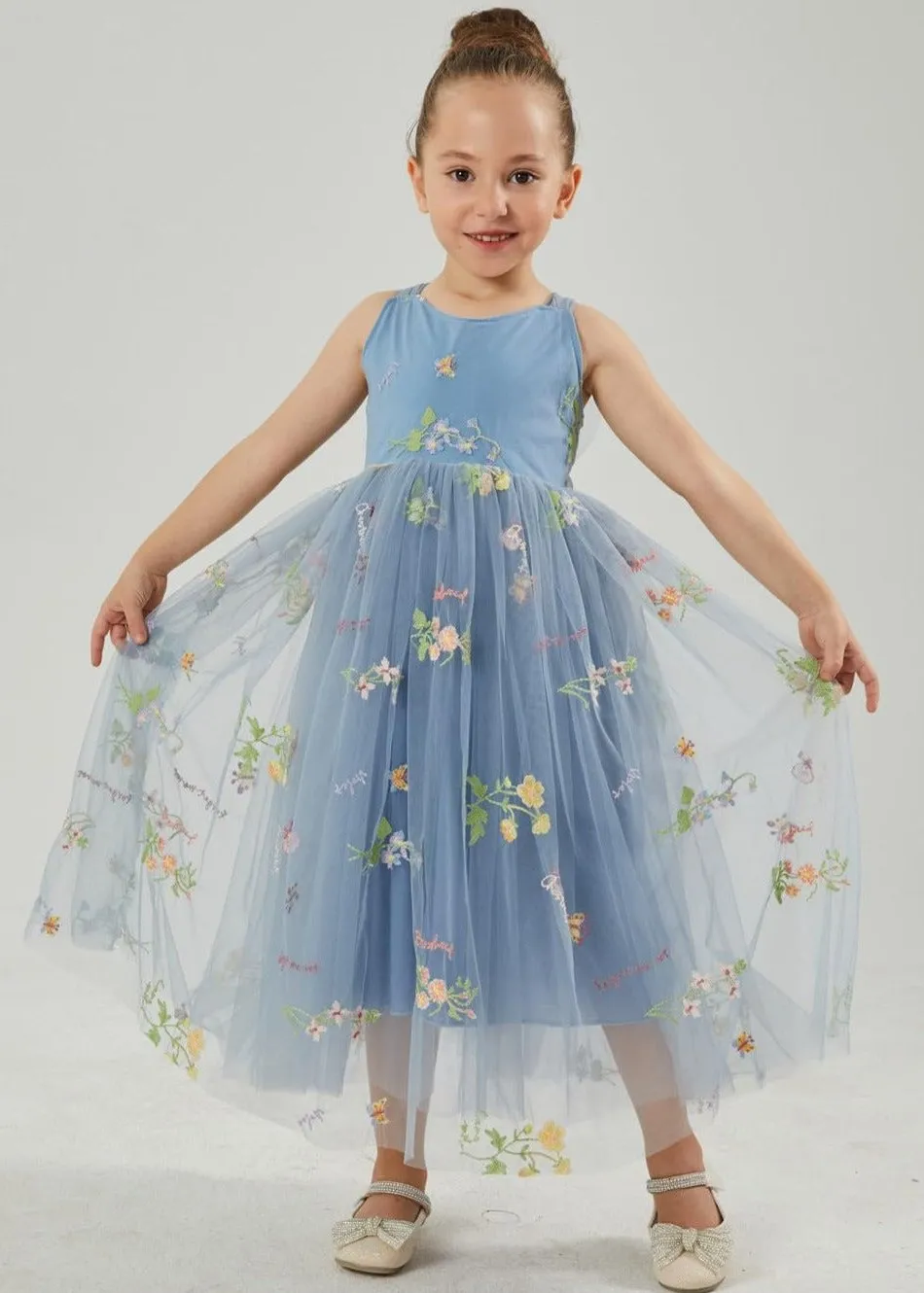 Floral Embroidered Tulle Strap Girl Dress in Dusty Blue