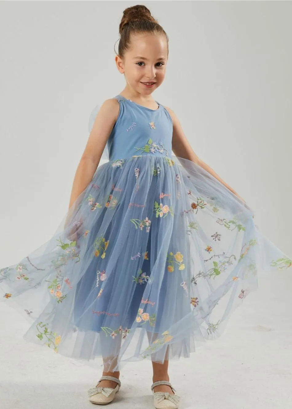 Floral Embroidered Tulle Strap Girl Dress in Dusty Blue