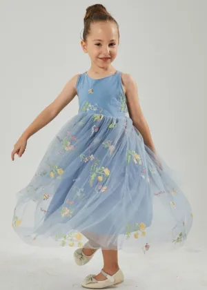 Floral Embroidered Tulle Strap Girl Dress in Dusty Blue