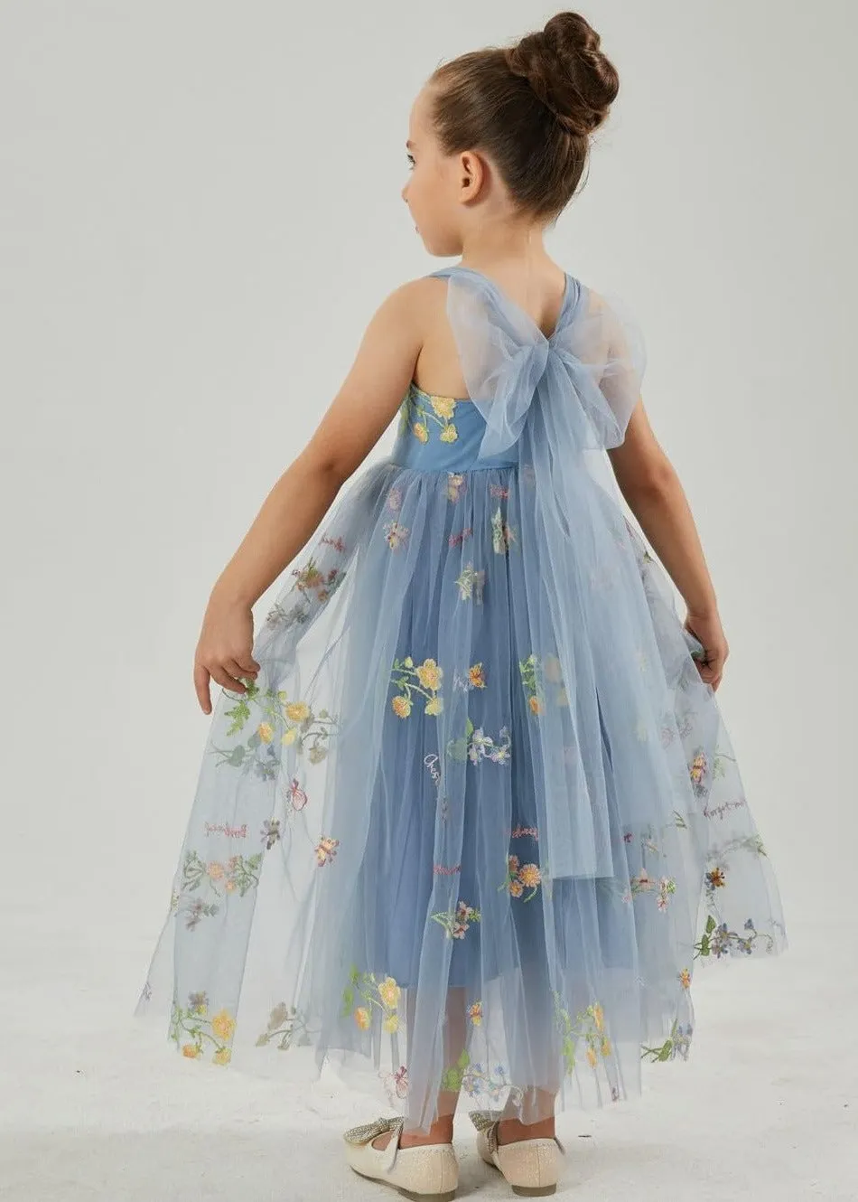 Floral Embroidered Tulle Strap Girl Dress in Dusty Blue