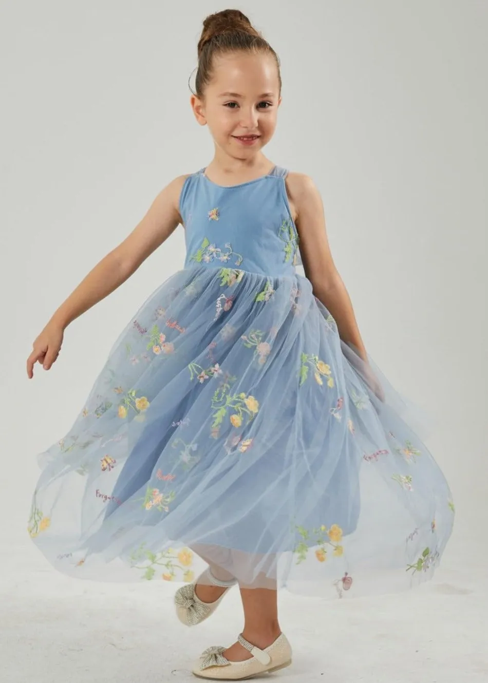 Floral Embroidered Tulle Strap Girl Dress in Dusty Blue