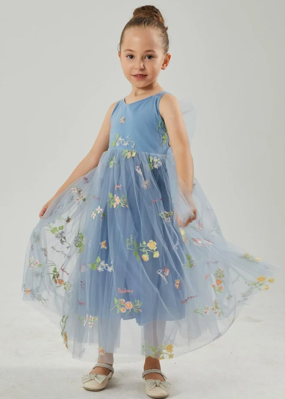Floral Embroidered Tulle Strap Girl Dress in Dusty Blue
