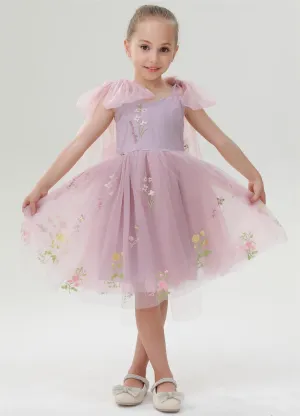 Floral Embroidered Tulle Strap Girl Dress in Dusty Pink Knee