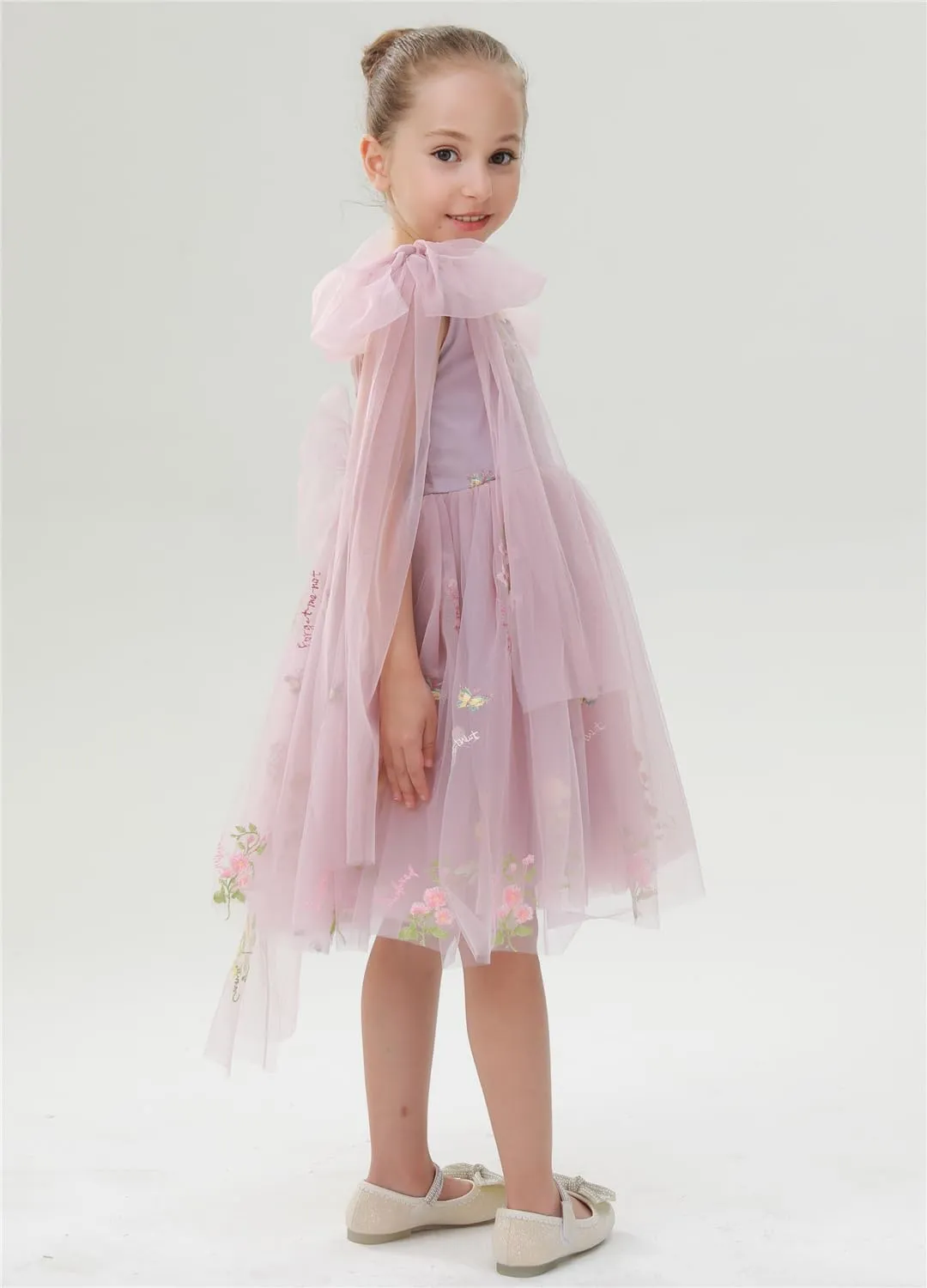 Floral Embroidered Tulle Strap Girl Dress in Dusty Pink Knee