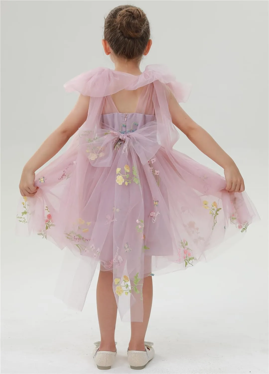 Floral Embroidered Tulle Strap Girl Dress in Dusty Pink Knee