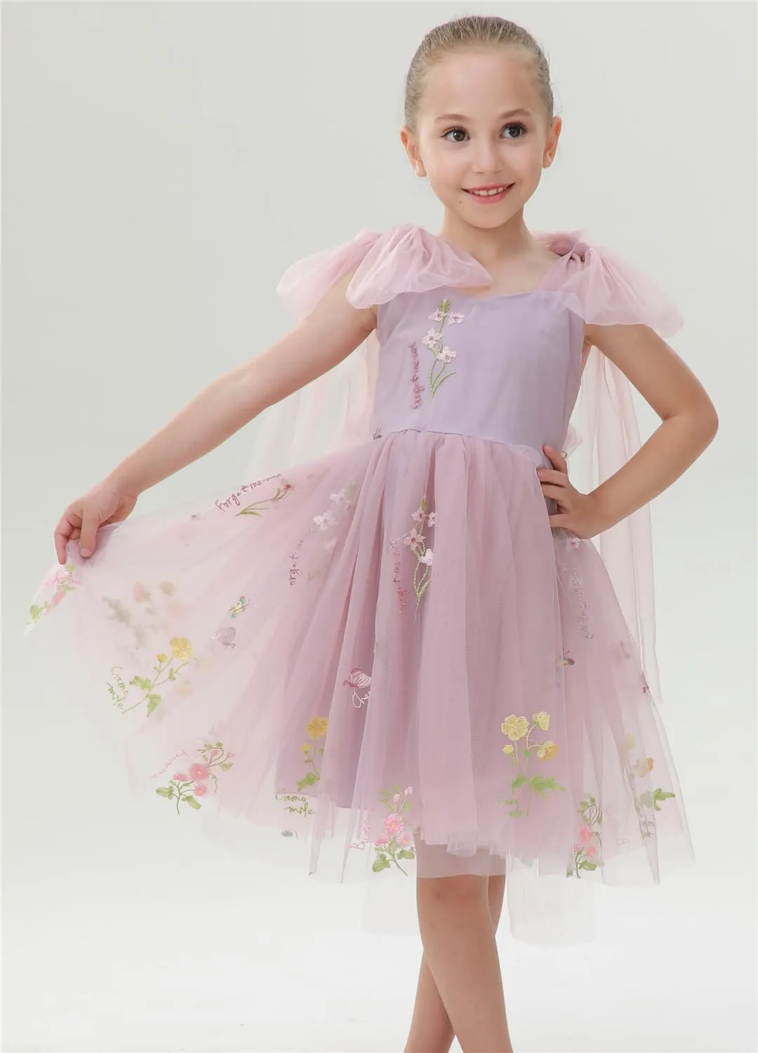 Floral Embroidered Tulle Strap Girl Dress in Dusty Pink Knee