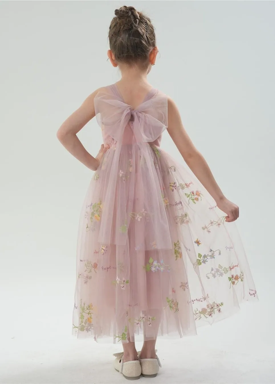 Floral Embroidered Tulle Strap Girl Dress in Dusty Pink
