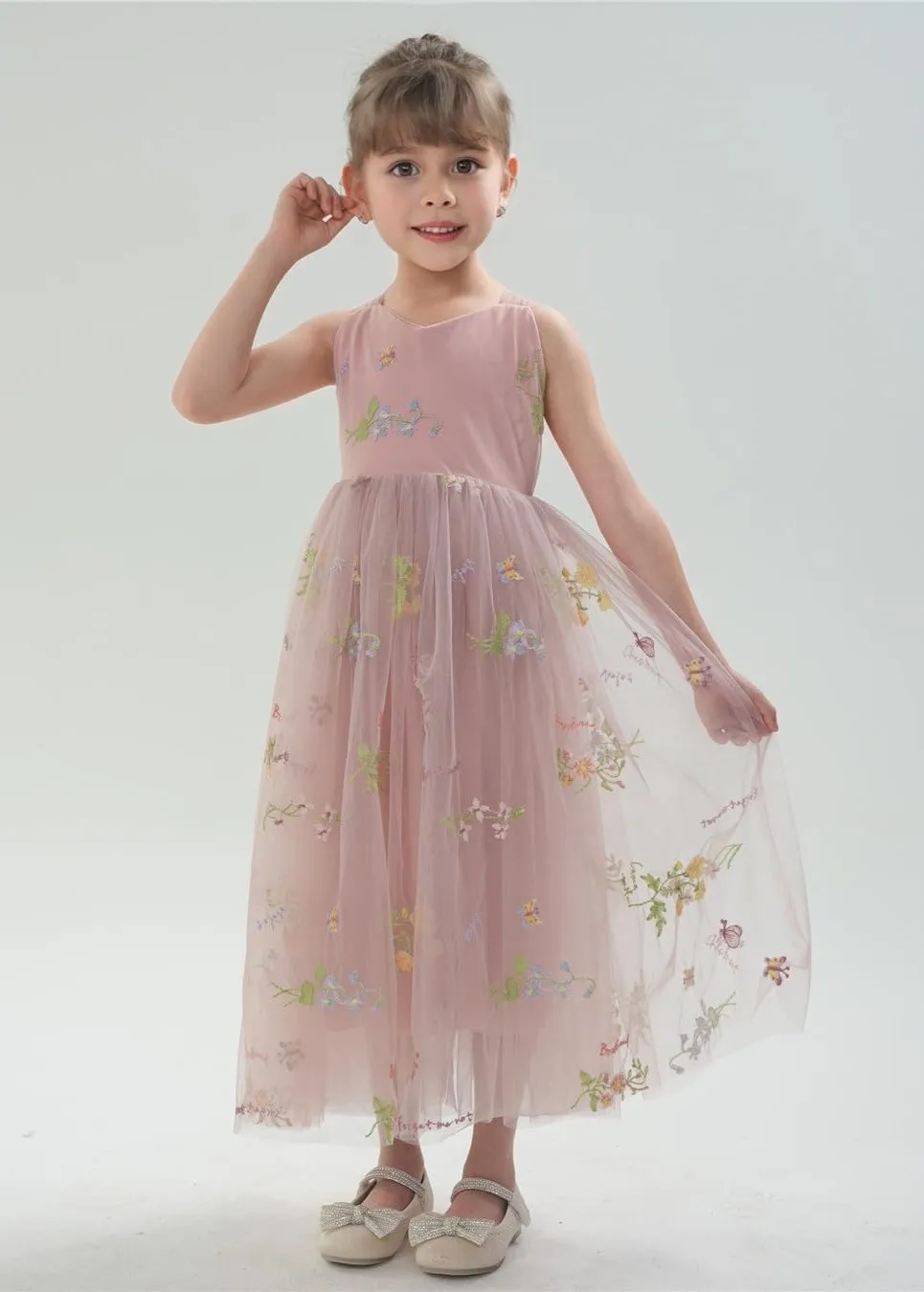 Floral Embroidered Tulle Strap Girl Dress in Dusty Pink