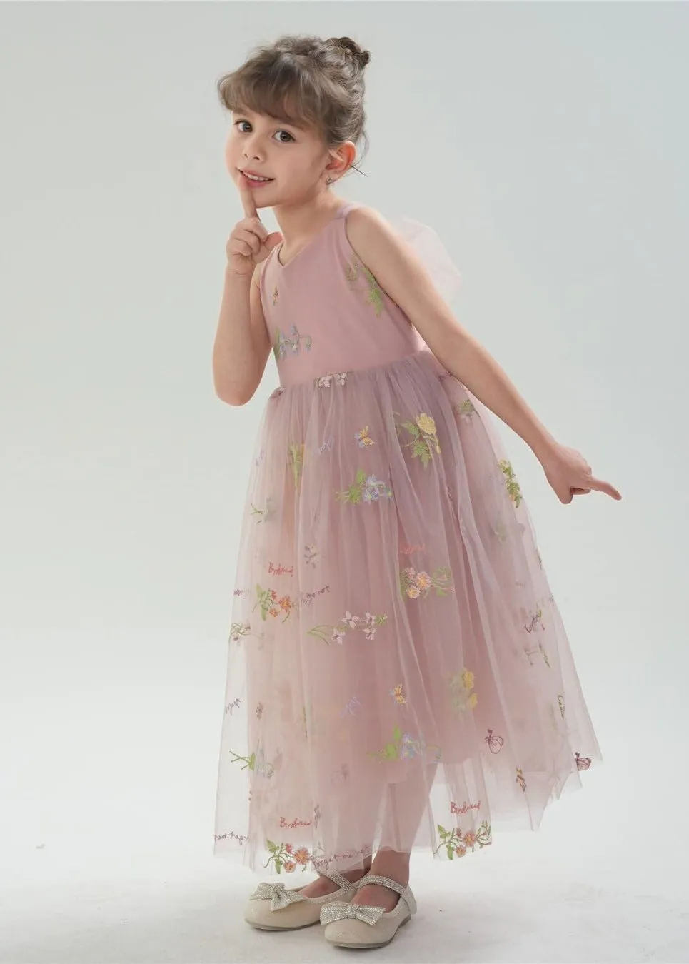 Floral Embroidered Tulle Strap Girl Dress in Dusty Pink