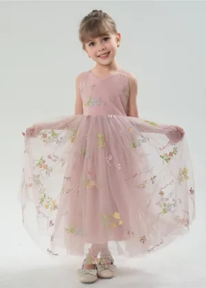 Floral Embroidered Tulle Strap Girl Dress in Dusty Pink