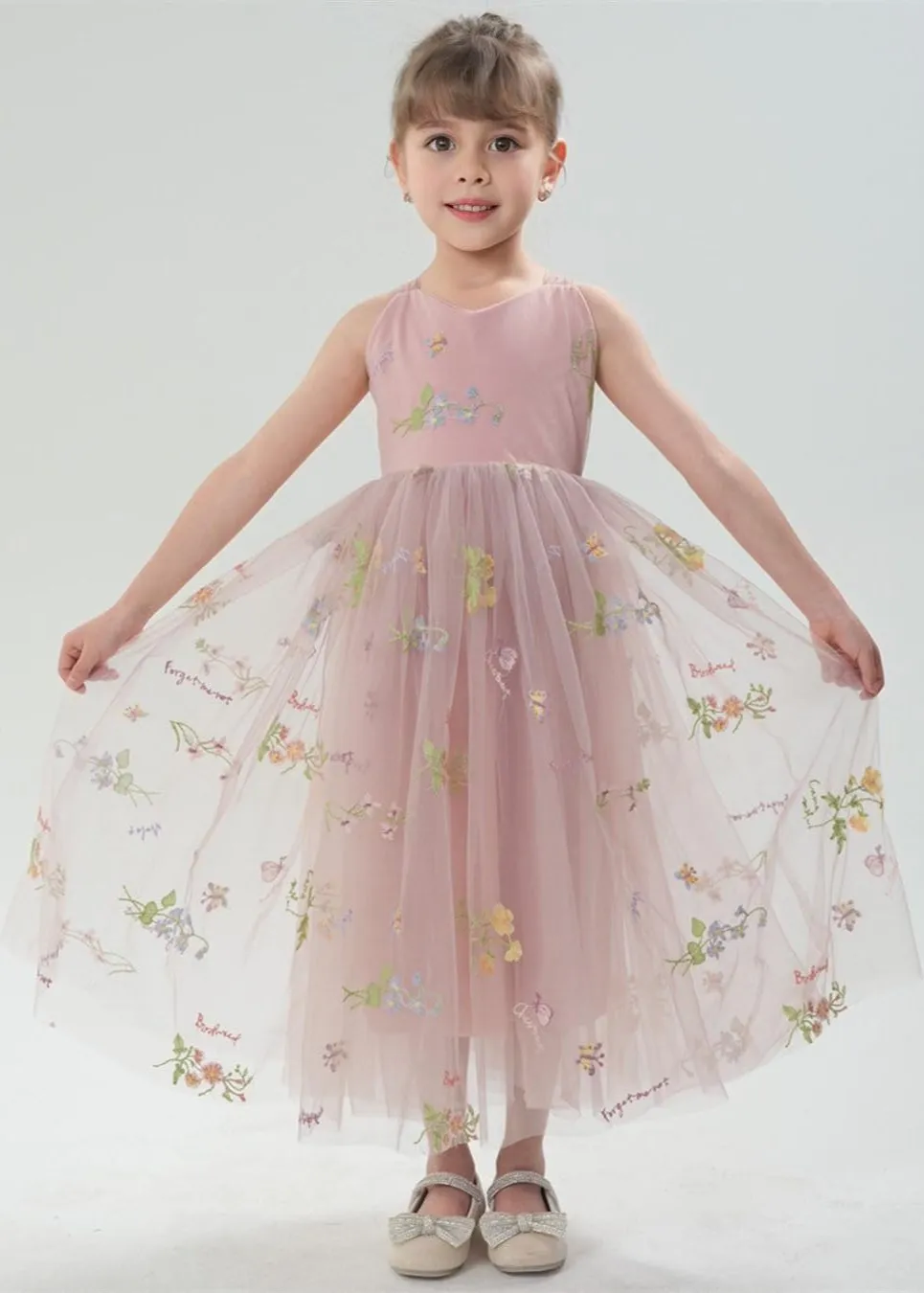 Floral Embroidered Tulle Strap Girl Dress in Dusty Pink