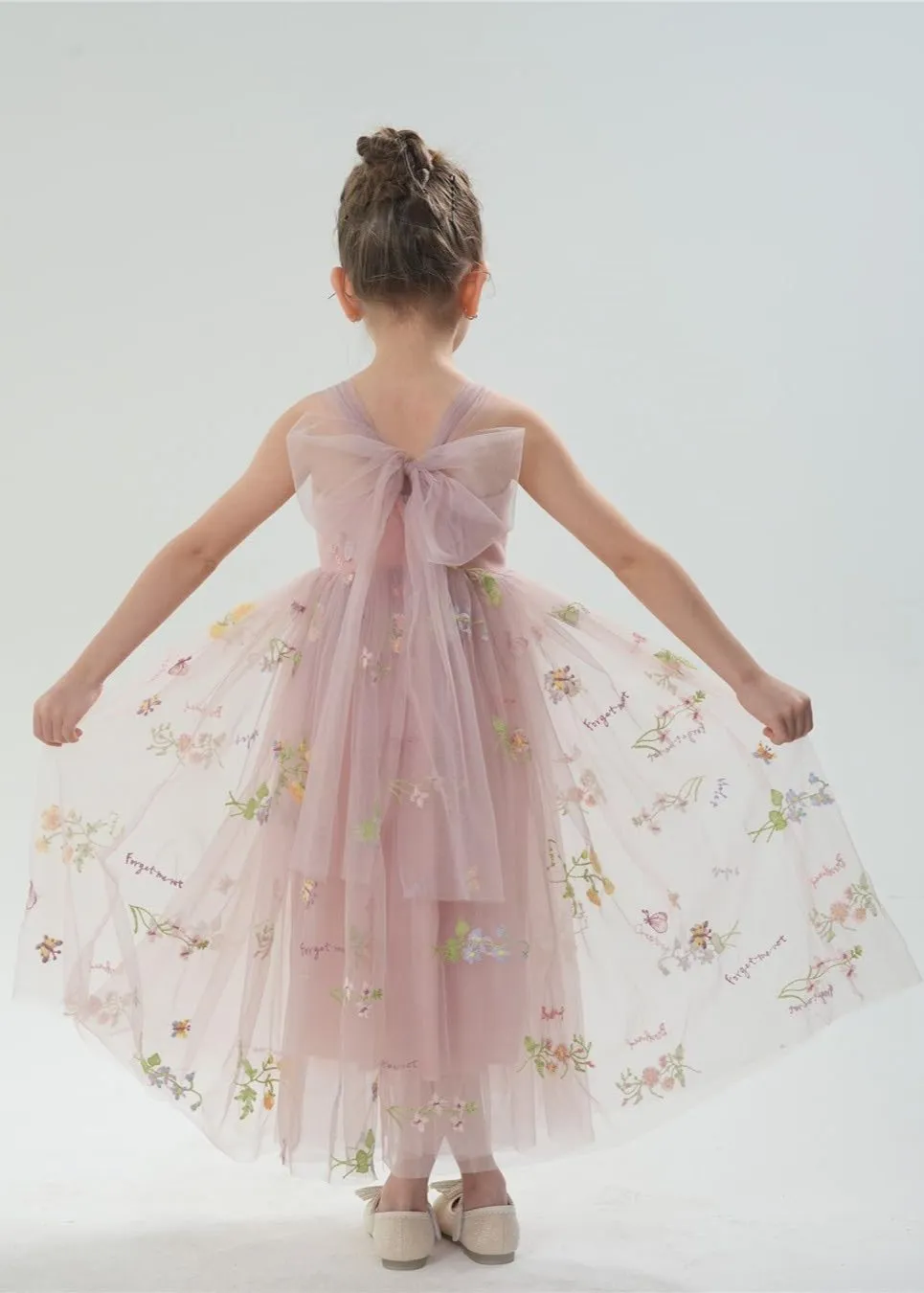 Floral Embroidered Tulle Strap Girl Dress in Dusty Pink