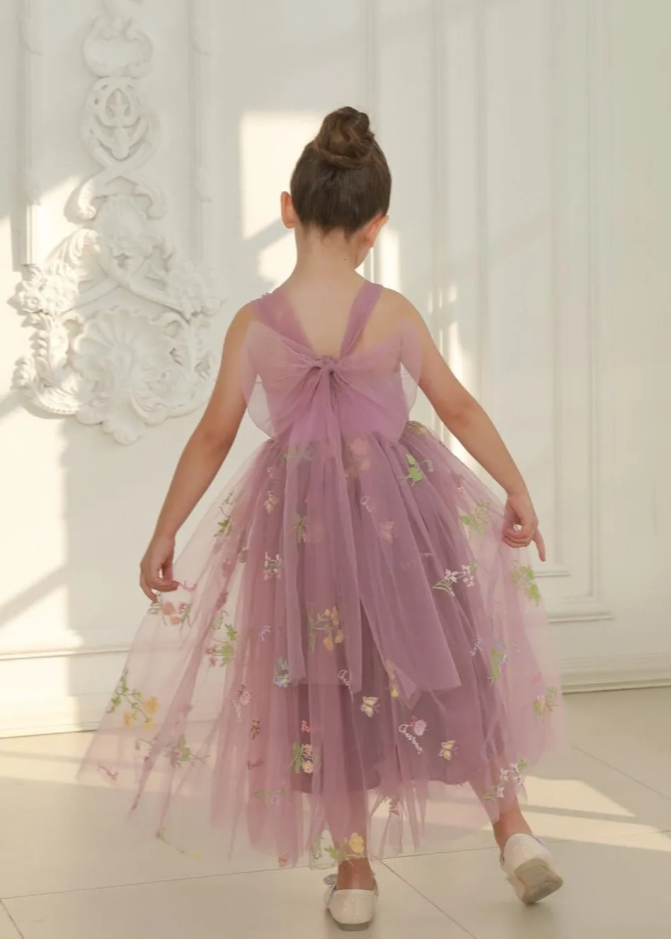 Floral Embroidered Tulle Strap Girl Dress in Mauve
