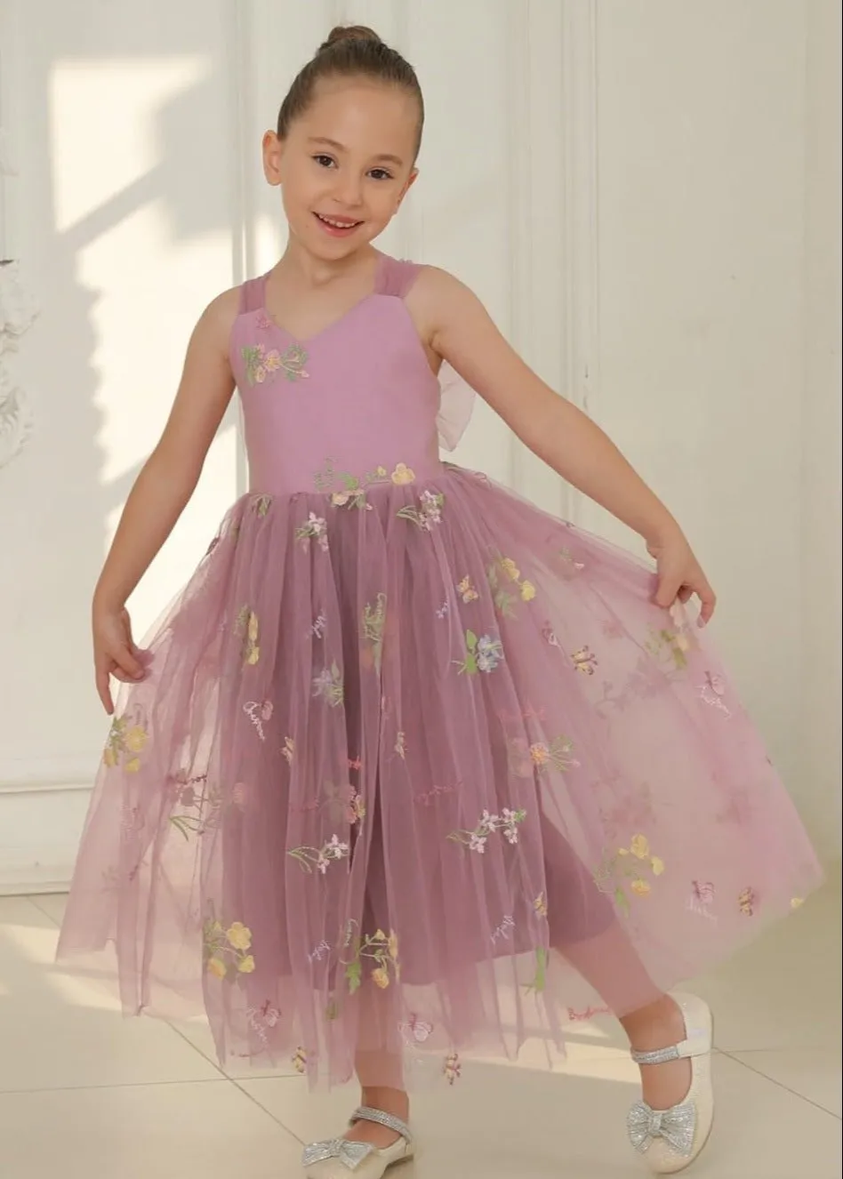 Floral Embroidered Tulle Strap Girl Dress in Mauve