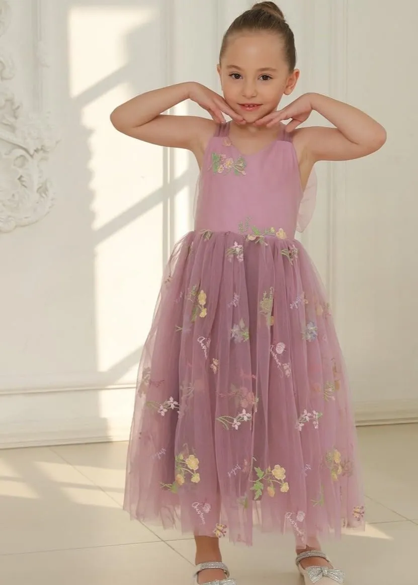 Floral Embroidered Tulle Strap Girl Dress in Mauve