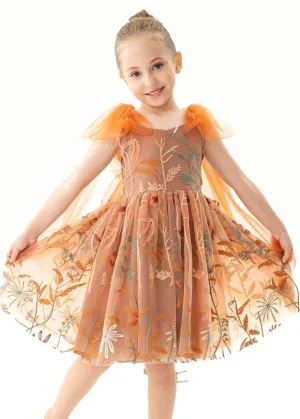 Floral Embroidered Tulle Strap Girl Dress in Orange Knee