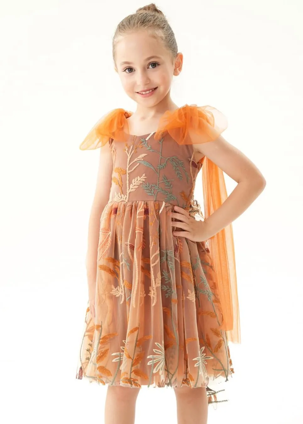 Floral Embroidered Tulle Strap Girl Dress in Orange Knee