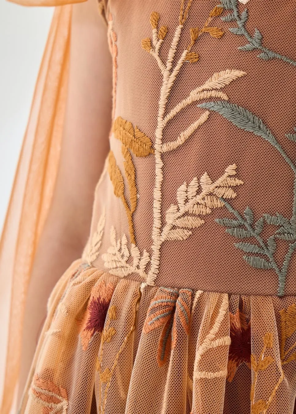 Floral Embroidered Tulle Strap Girl Dress in Orange Knee