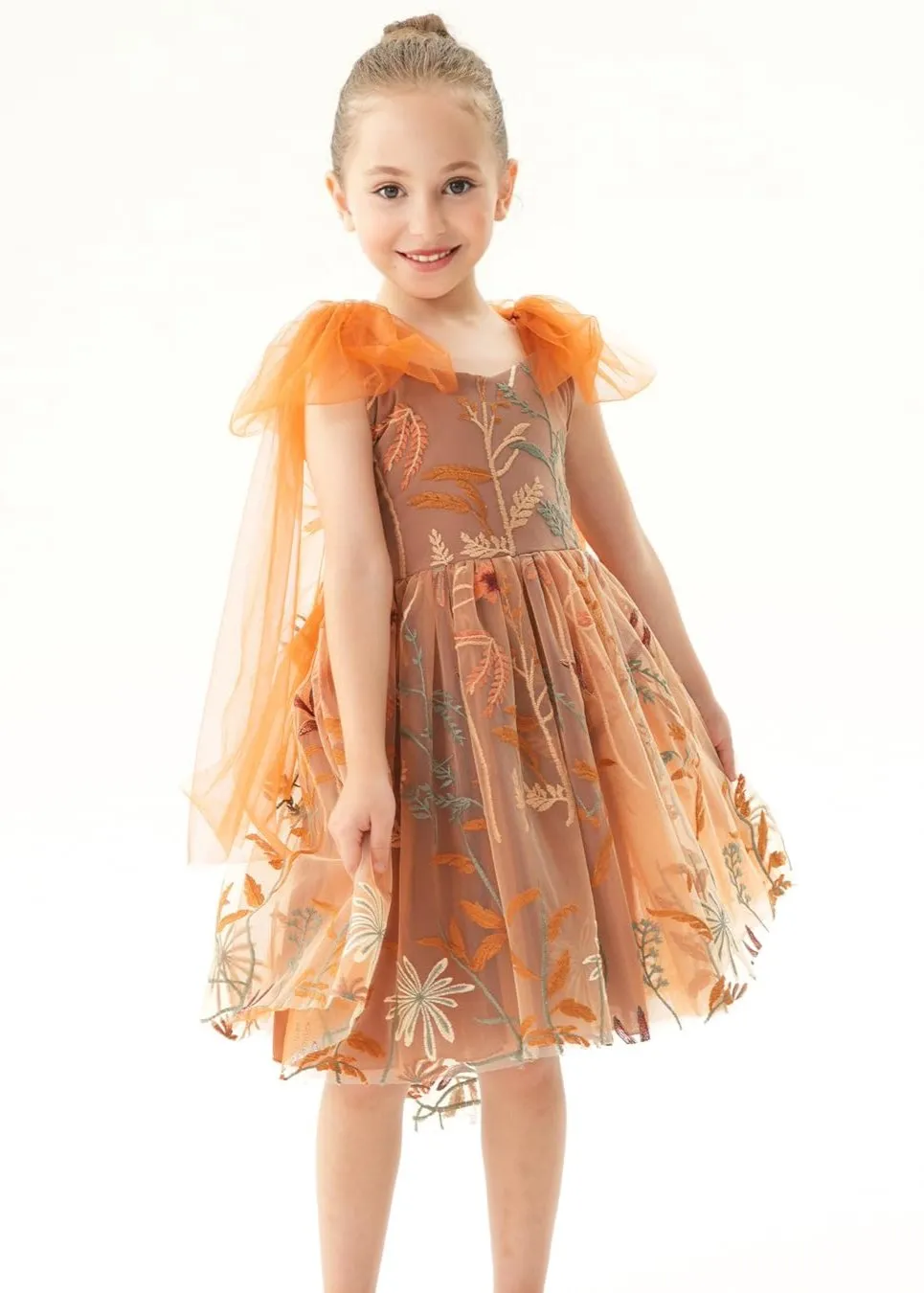 Floral Embroidered Tulle Strap Girl Dress in Orange Knee