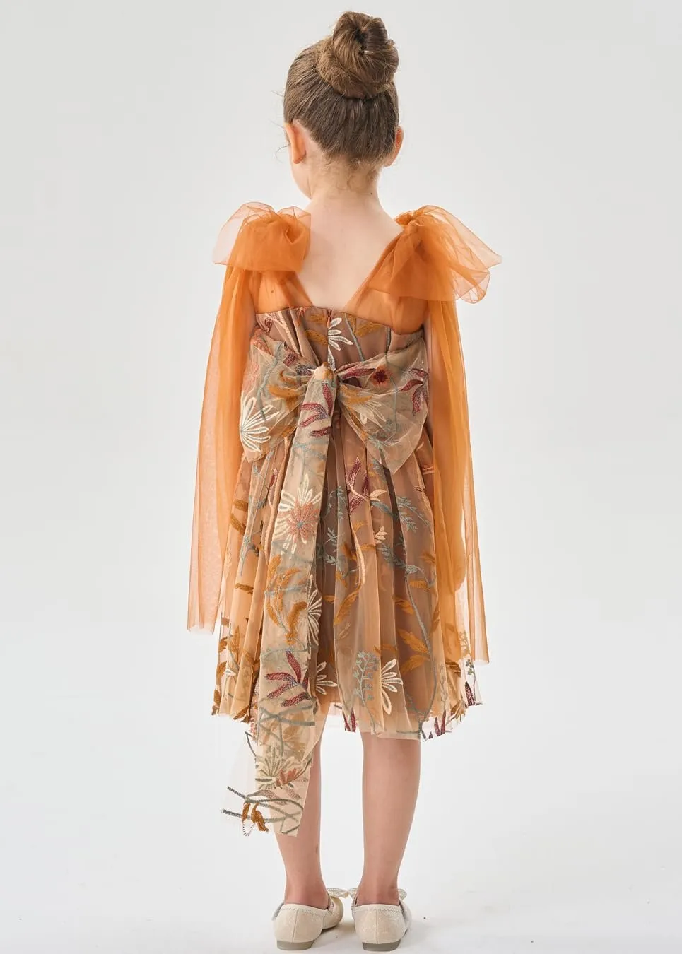 Floral Embroidered Tulle Strap Girl Dress in Orange Knee