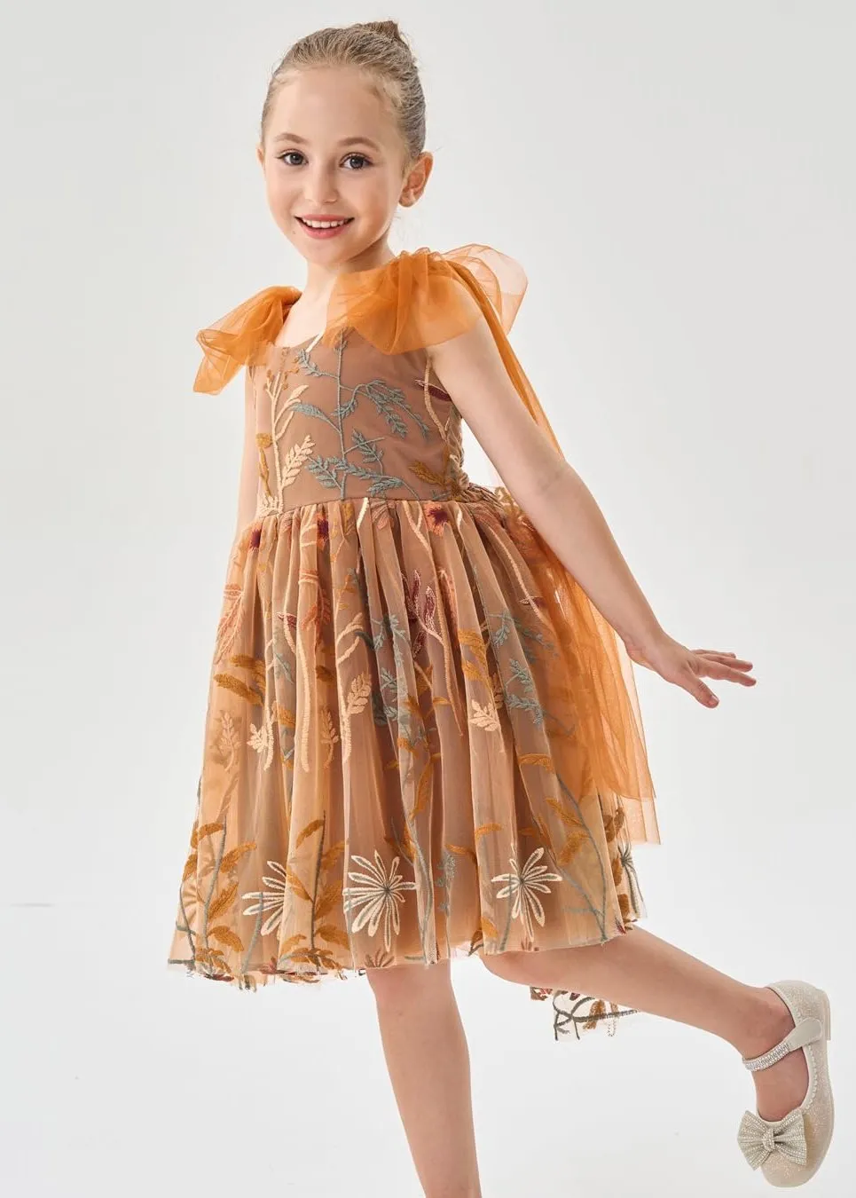 Floral Embroidered Tulle Strap Girl Dress in Orange Knee