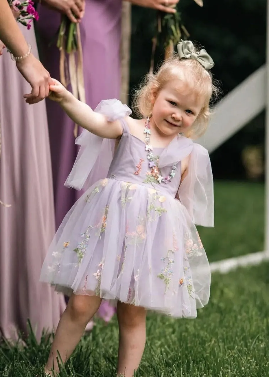 Floral Embroidered Tulle Strap Girl Dress in Purple Knee