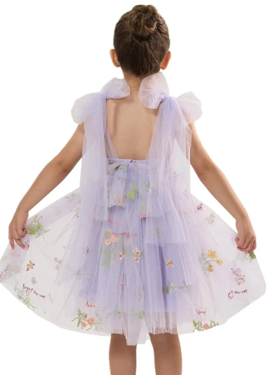 Floral Embroidered Tulle Strap Girl Dress in Purple Knee