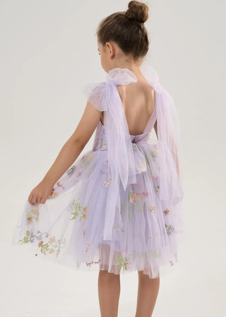 Floral Embroidered Tulle Strap Girl Dress in Purple Knee