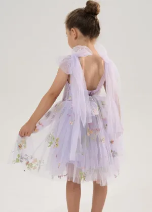 Floral Embroidered Tulle Strap Girl Dress in Purple Knee