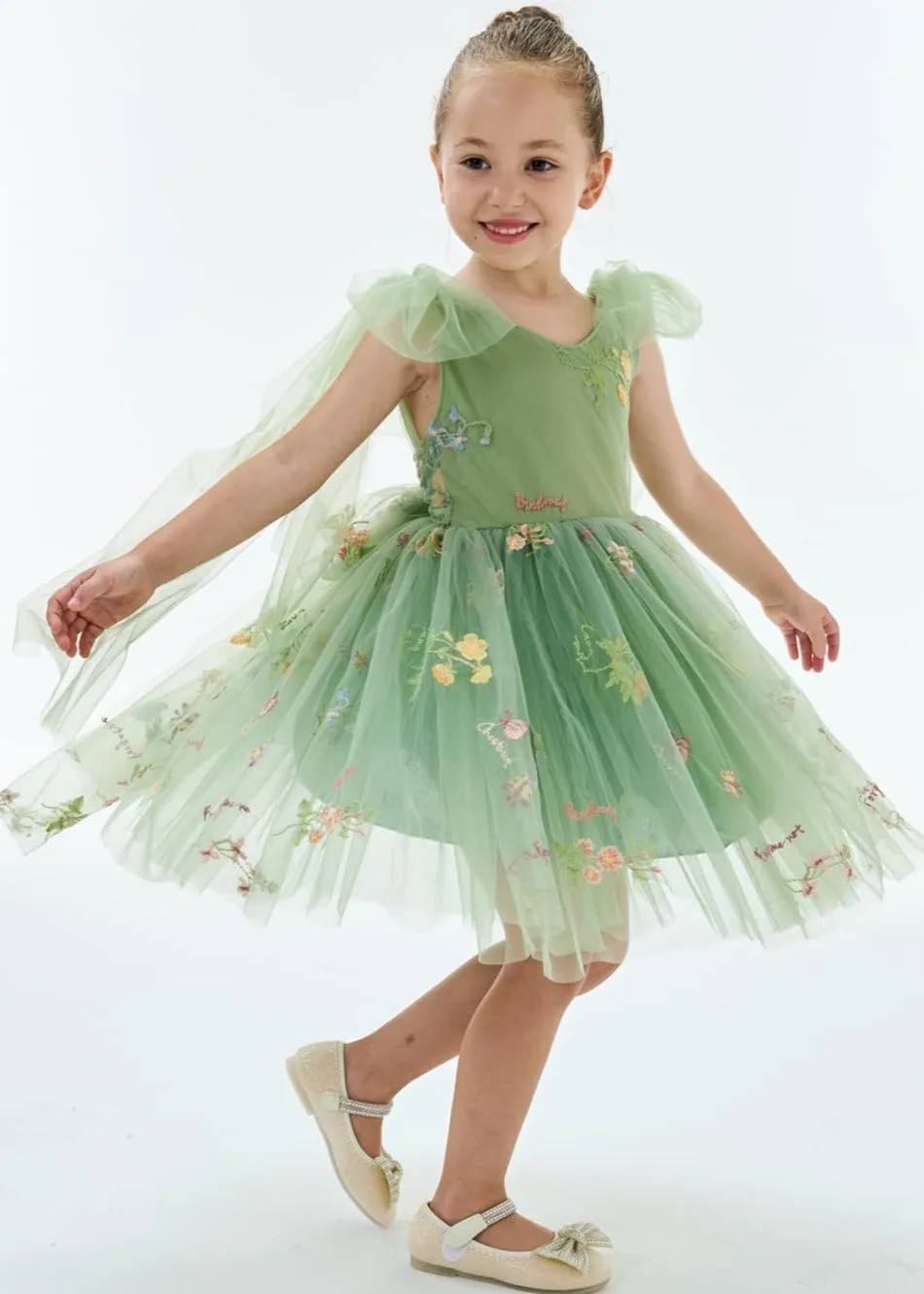 Floral Embroidered Tulle Strap Girl Dress in Sage Knee