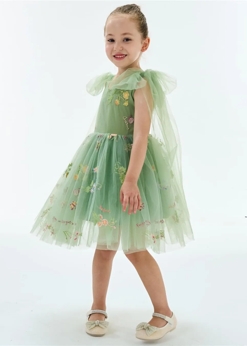 Floral Embroidered Tulle Strap Girl Dress in Sage Knee