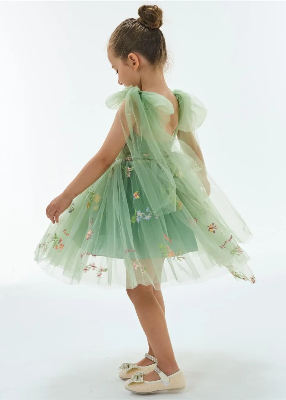 Floral Embroidered Tulle Strap Girl Dress in Sage Knee