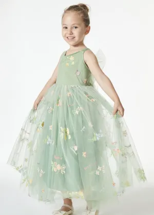 Floral Embroidered Tulle Strap Girl Dress in Sage